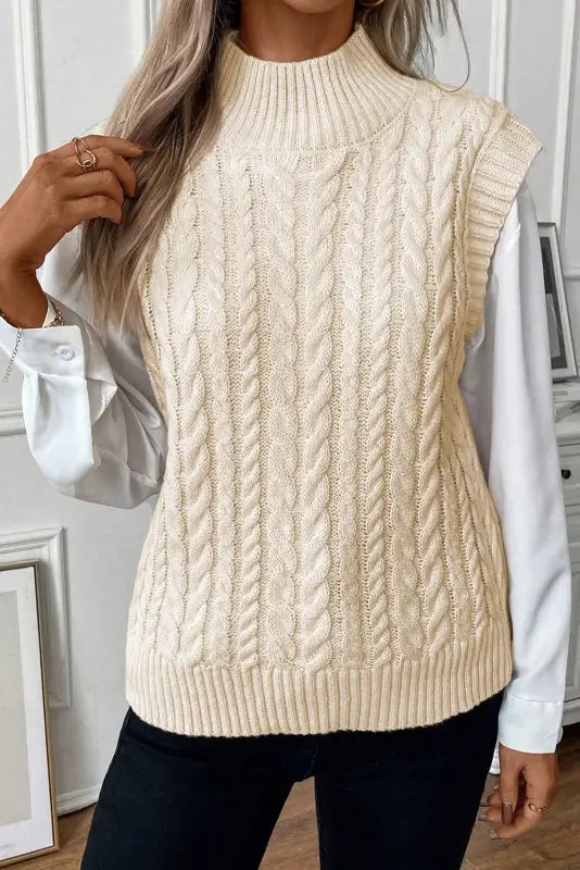 Oatmeal cable knit high neck sweater vest - sale