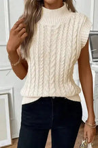 Oatmeal Cable Knit High Neck Sweater Vest - Fashionfitz