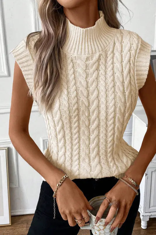 Oatmeal cable knit high neck sweater vest - sale