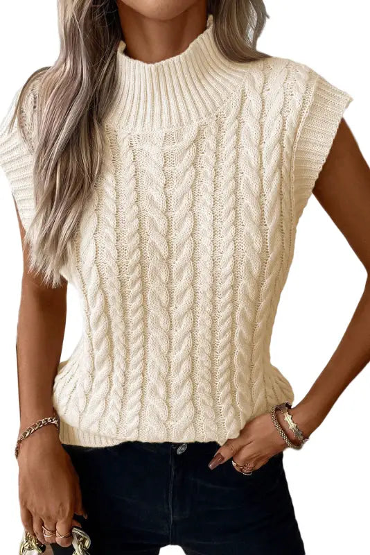 Oatmeal cable knit high neck sweater vest - sale