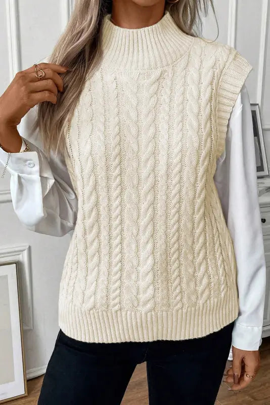 Oatmeal cable knit high neck sweater vest - sale