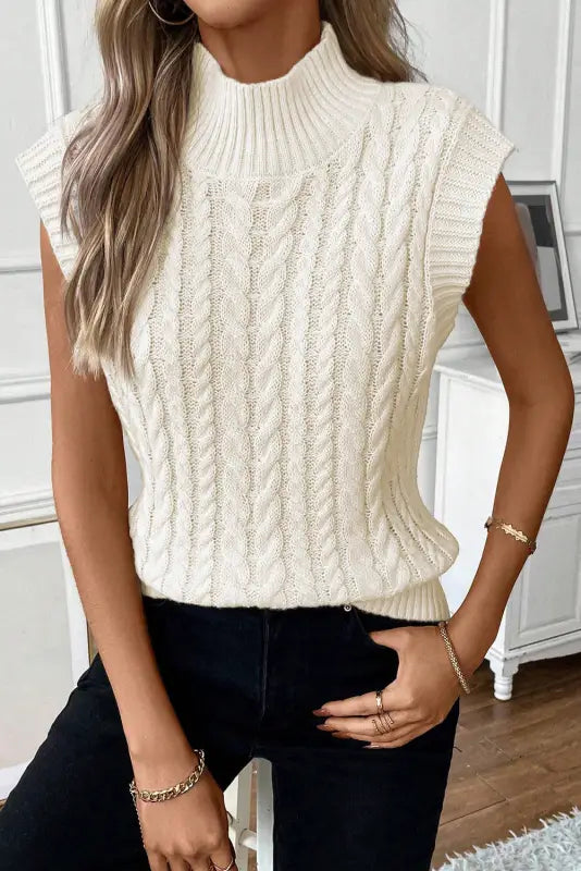 Oatmeal cable knit high neck sweater vest - sale