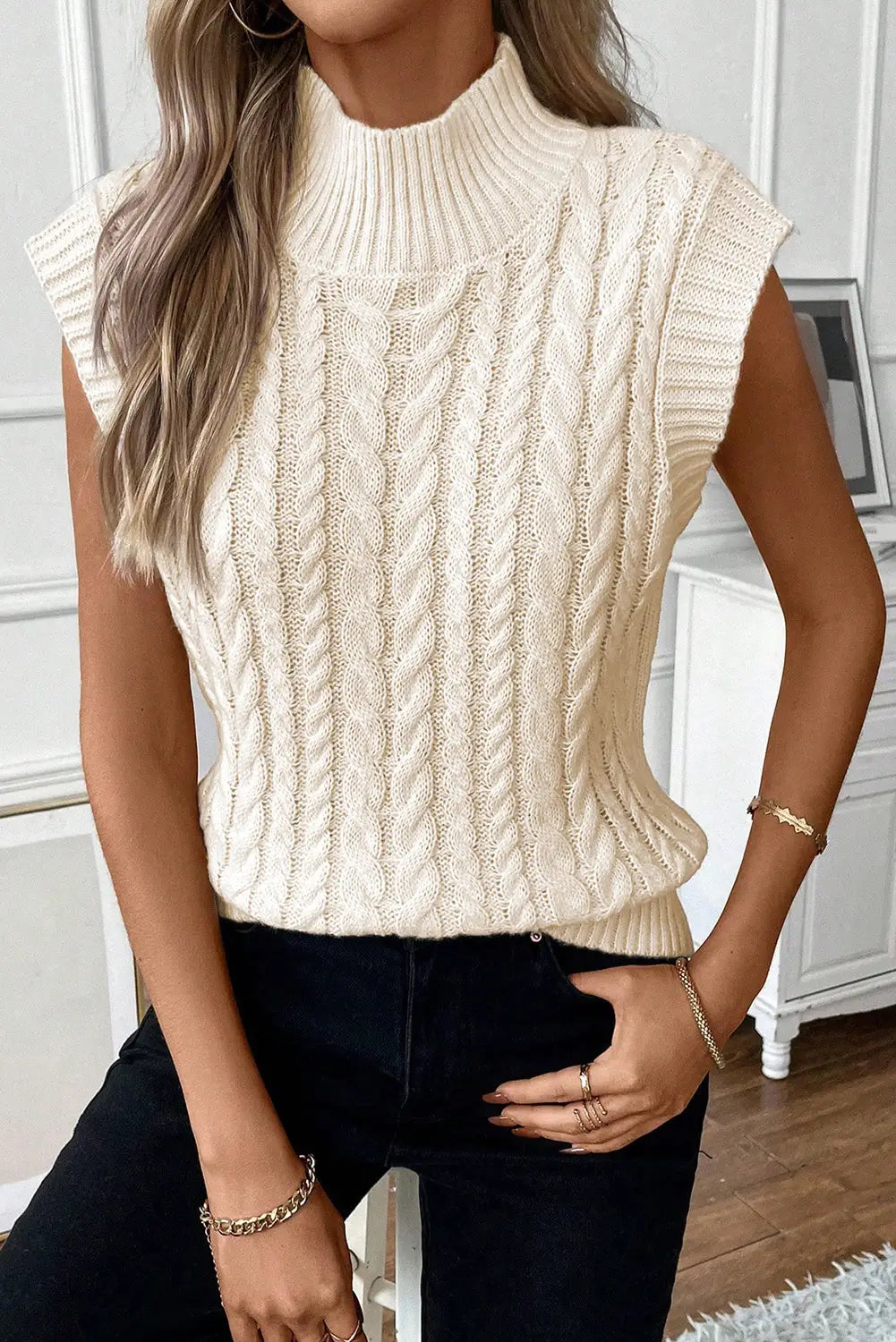 Oatmeal cable knit high neck sweater vest - l / 100% acrylic - sweaters & cardigans