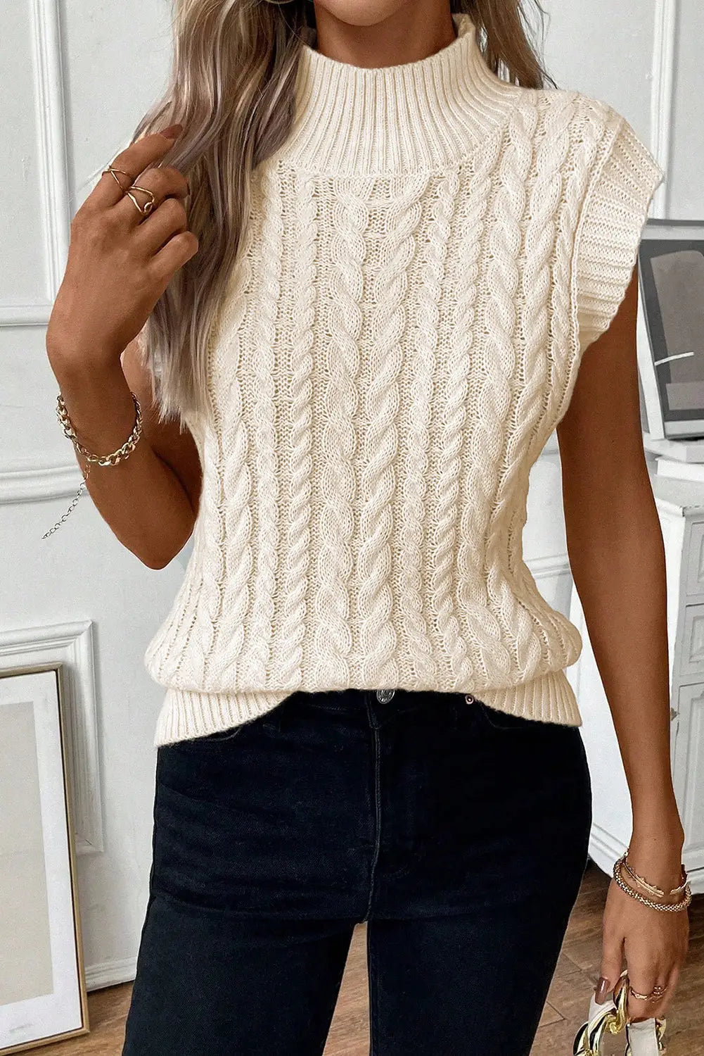 Oatmeal cable knit high neck sweater vest - sweaters & cardigans