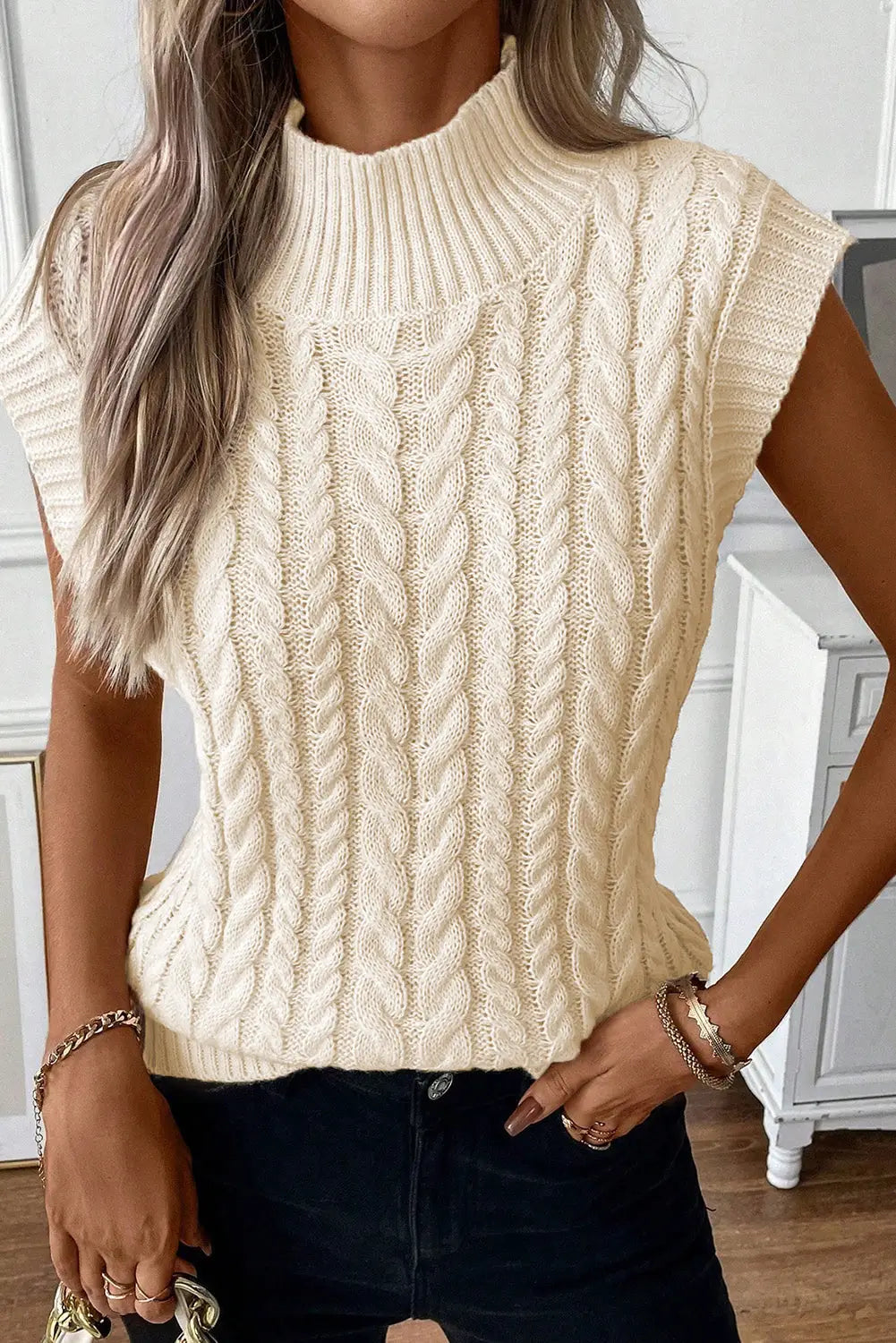 Oatmeal cable knit high neck sweater vest - sweaters & cardigans