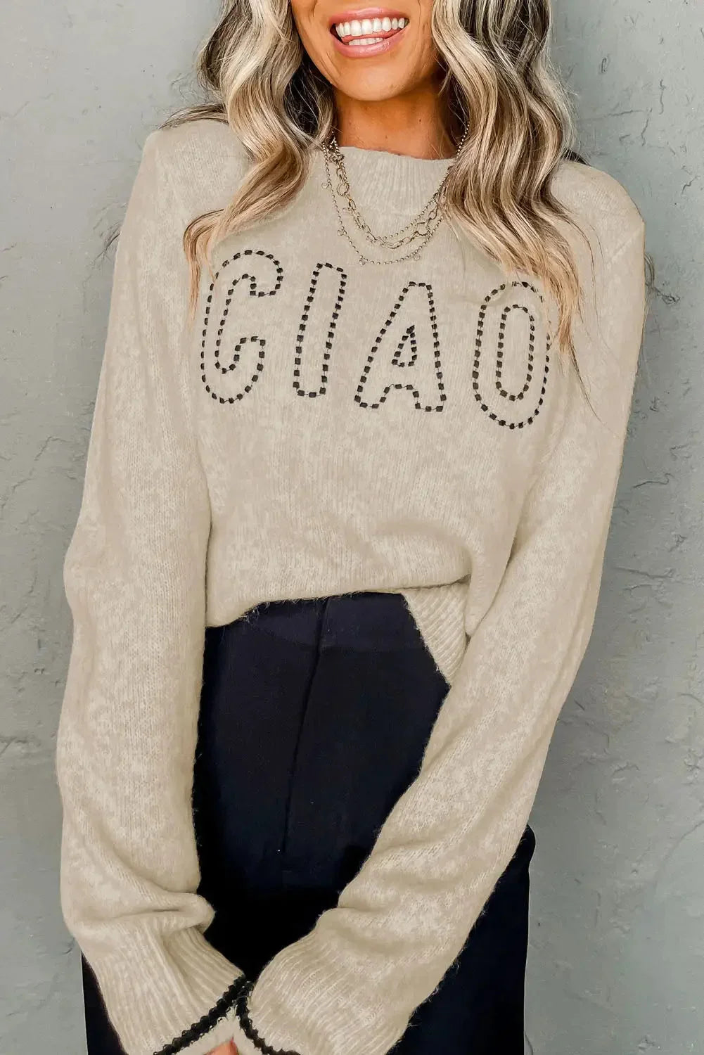 Oatmeal ciao letter graphic crew neck sweater - l / 42% acrylic + 30% polyester + 28% polyamide - sweaters & cardigans