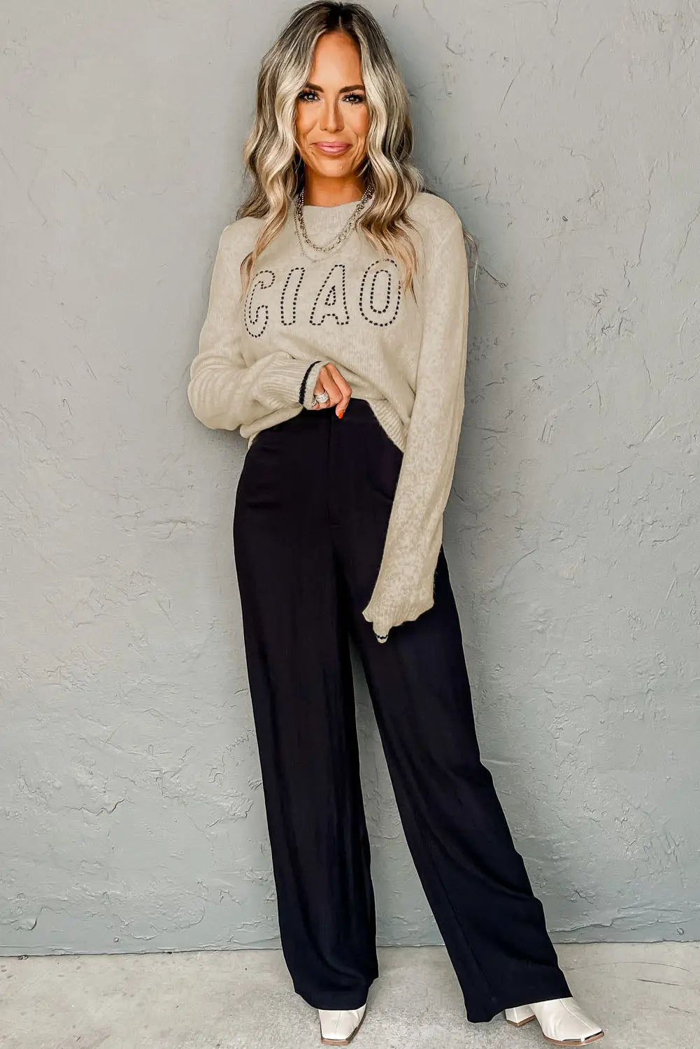 Oatmeal ciao letter graphic crew neck sweater - sweaters & cardigans