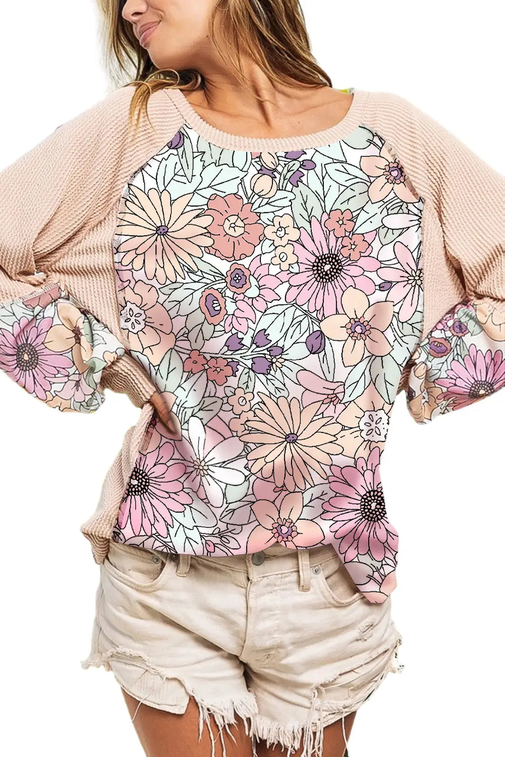 Oatmeal corded floral patchwork long sleeve top - tops