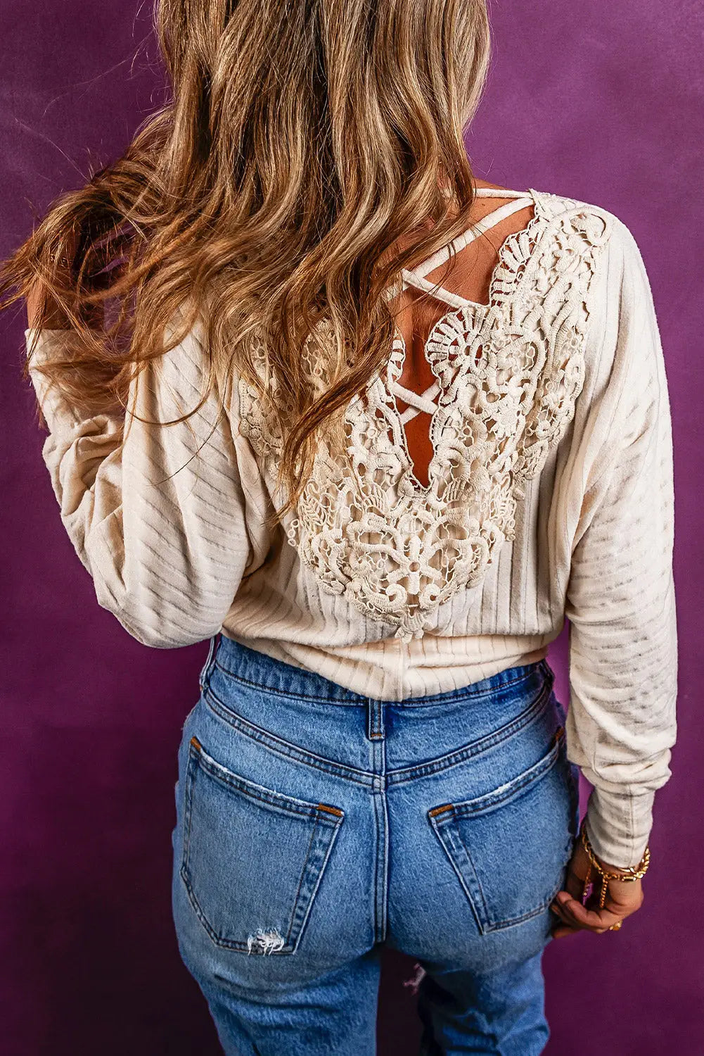 Oatmeal lace-up crochet open back ribbed top - s / 95% polyester + 5% elastane - tops