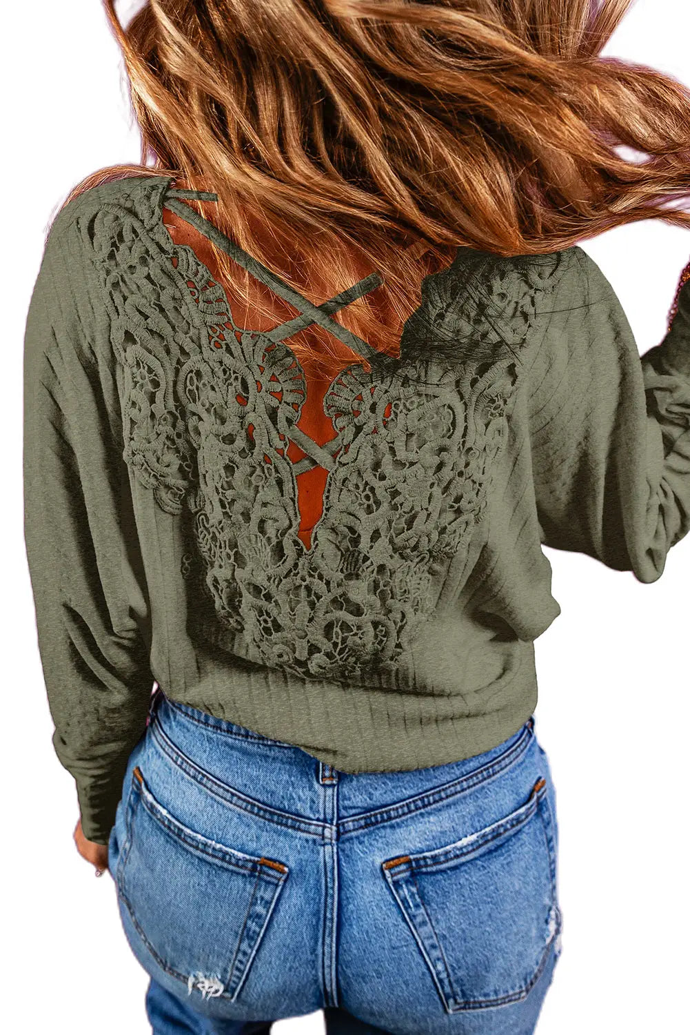 Oatmeal lace-up crochet open back ribbed top - tops