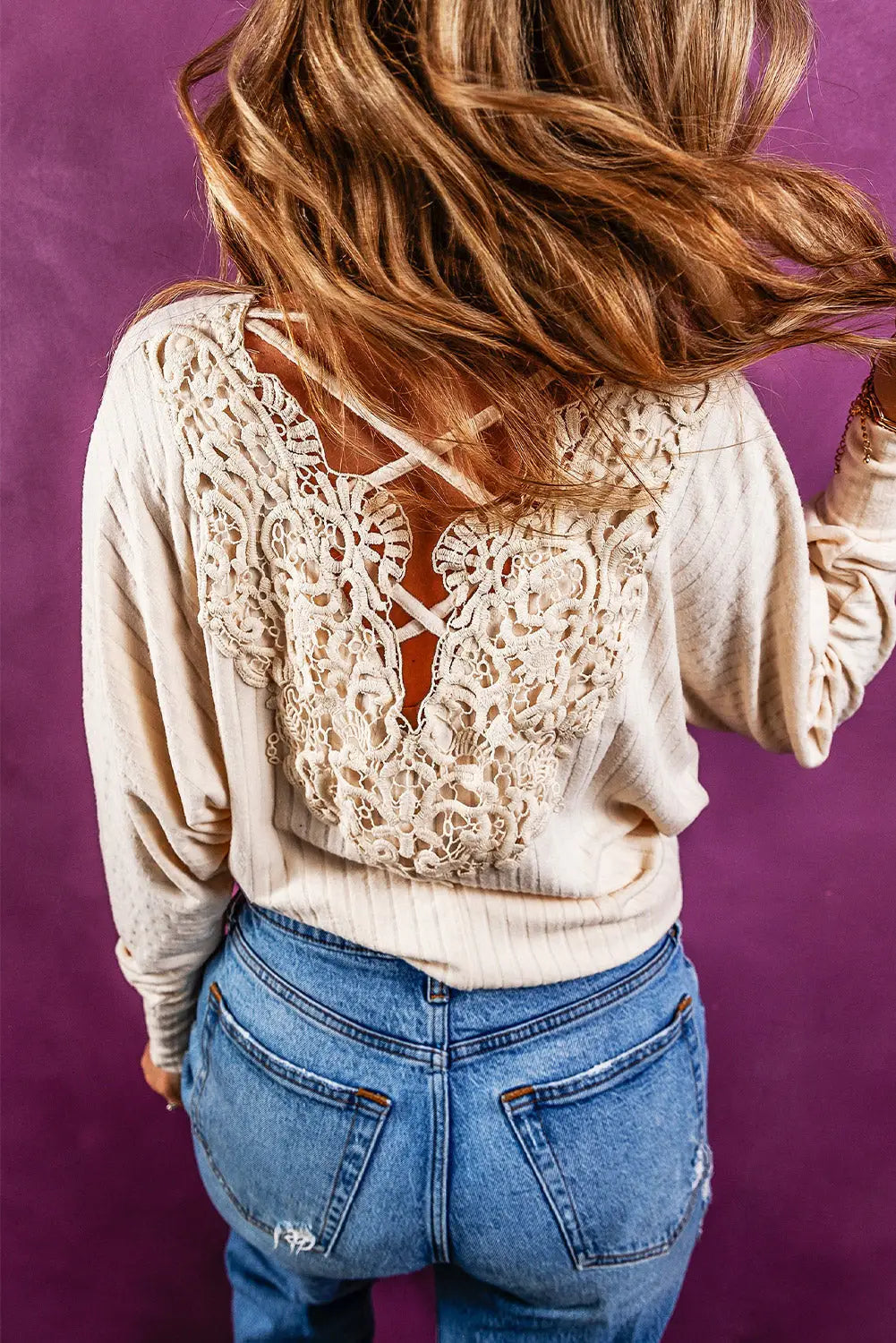Oatmeal lace-up crochet open back ribbed top - tops