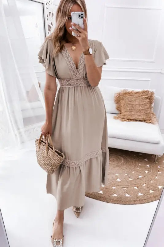 Oatmeal lace v neck ruffled sleeve empire waist dress - maxi dresses