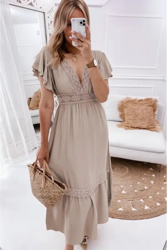 Oatmeal lace v neck ruffled sleeve empire waist dress - maxi dresses