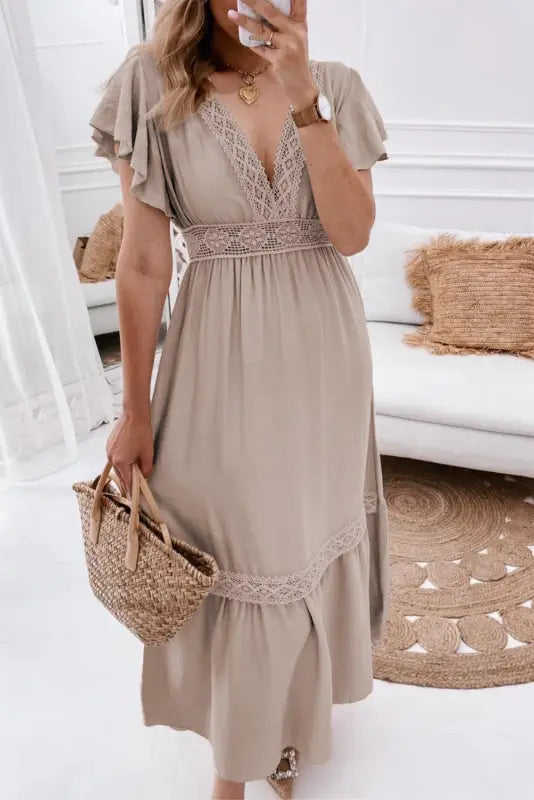 Oatmeal lace v neck ruffled sleeve empire waist dress - l / 100% polyester - maxi dresses