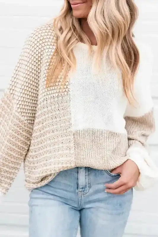 Oatmeal Mixed Pattern Knit Tie Keyhole Drop Shoulder Sweater - Fashionfitz