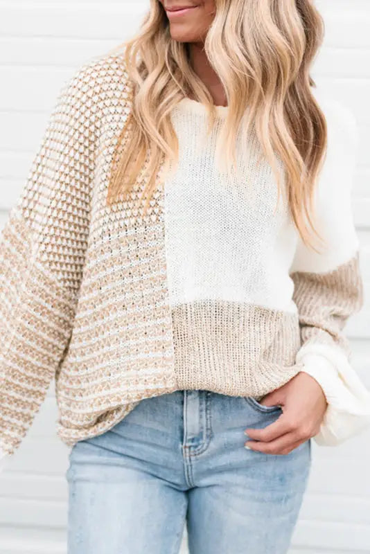 Oatmeal mixed pattern knit tie keyhole drop shoulder sweater - s - sweaters & cardigans