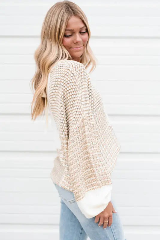 Oatmeal mixed pattern knit tie keyhole drop shoulder sweater - sweaters & cardigans