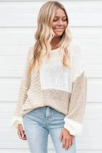 Oatmeal Mixed Pattern Knit Tie Keyhole Drop Shoulder Sweater - Fashionfitz