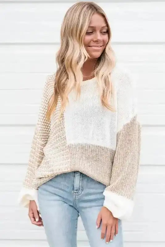 Oatmeal Mixed Pattern Knit Tie Keyhole Drop Shoulder Sweater - Fashionfitz