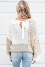 Oatmeal Mixed Pattern Knit Tie Keyhole Drop Shoulder Sweater - Fashionfitz