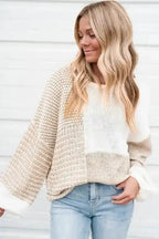 Oatmeal Mixed Pattern Knit Tie Keyhole Drop Shoulder Sweater - Fashionfitz