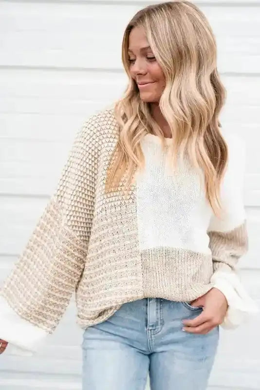 Oatmeal Mixed Pattern Knit Tie Keyhole Drop Shoulder Sweater - Fashionfitz
