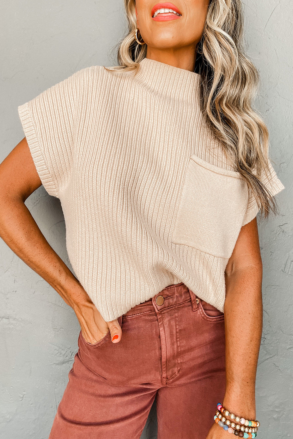 Oatmeal patch pocket ribbed knit short sleeve sweater - 2xl / 50% viscose + 28% polyester + 22% polyamide - sweaters &