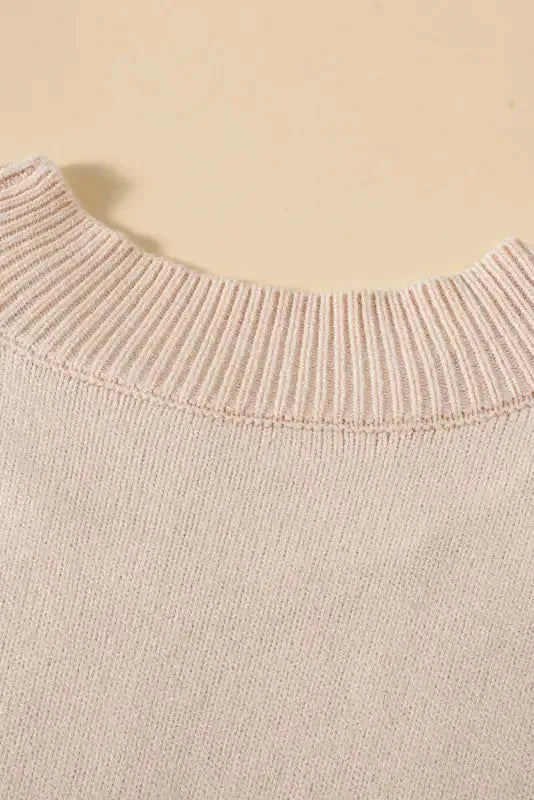 Oatmeal Plus Cable Knit Short Ruffled Sleeve Mock Neck Sweater - Fashionfitz