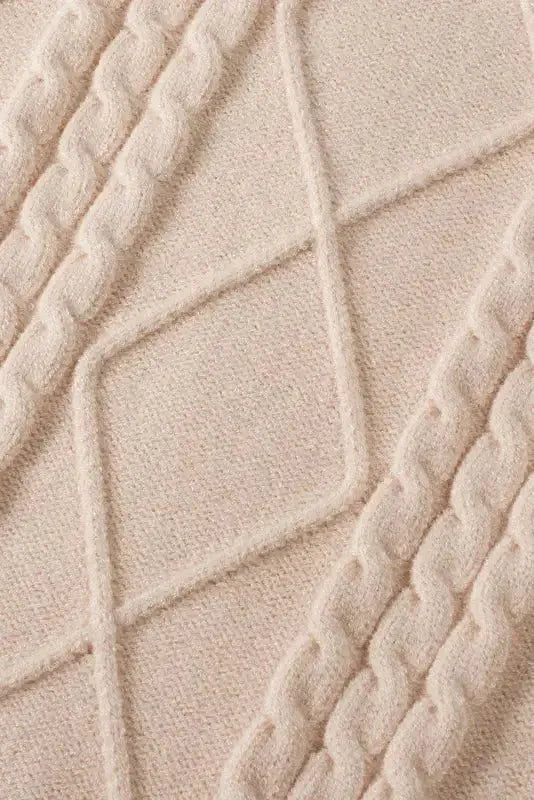 Oatmeal Plus Cable Knit Short Ruffled Sleeve Mock Neck Sweater - Fashionfitz