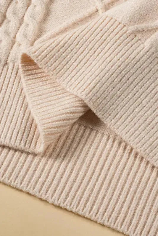 Oatmeal Plus Cable Knit Short Ruffled Sleeve Mock Neck Sweater - Fashionfitz