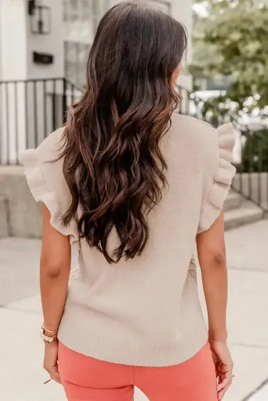 Oatmeal Plus Cable Knit Short Ruffled Sleeve Mock Neck Sweater - Fashionfitz