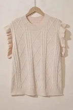 Flat lay of oatmeal plus cable knit short ruffled sleeve sweater on hanger, highlighting diamond cable knit and ribbed neckline.
