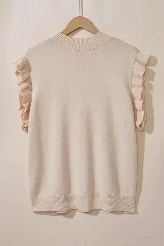 Oatmeal Plus Cable Knit Short Ruffled Sleeve Mock Neck Sweater - Fashionfitz