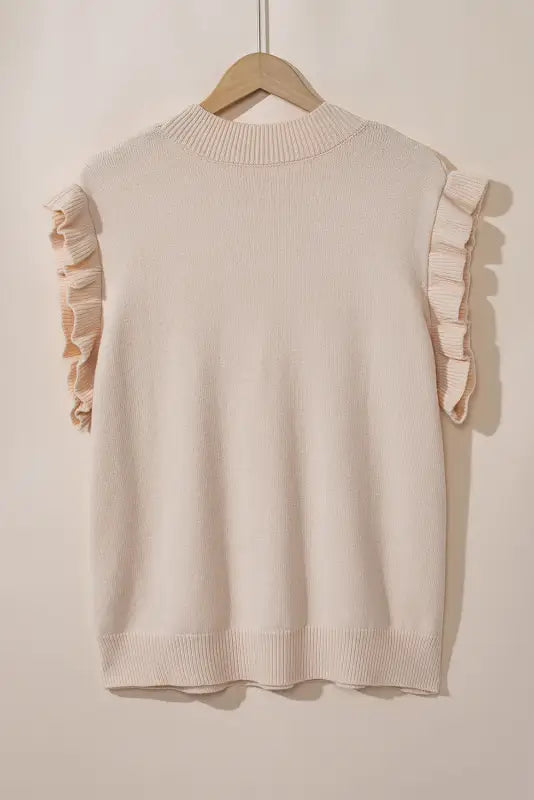 Oatmeal plus cable knit short ruffled sleeve mock neck sweater - size