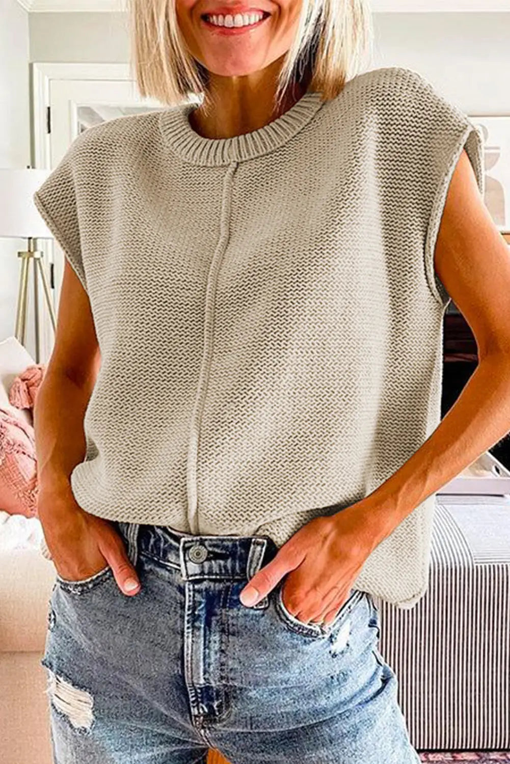 Oatmeal solid color cap sleeve knitted sweater - l / 60% cotton + 40% acrylic - sweaters & cardigans