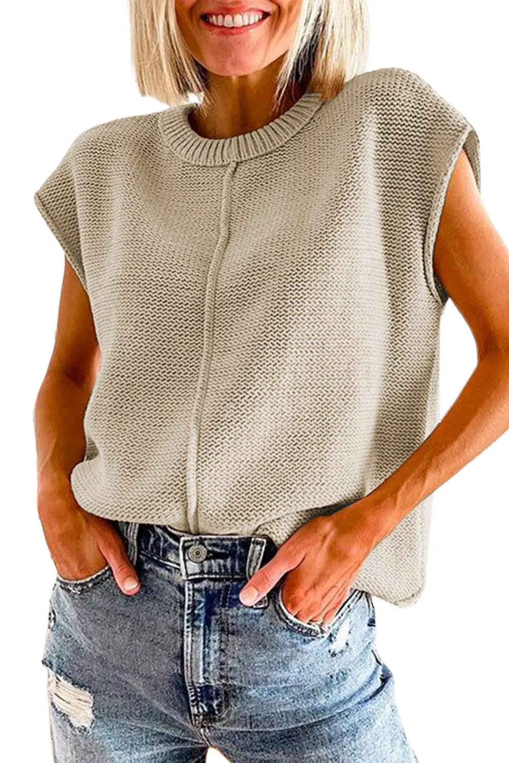 Oatmeal solid color cap sleeve knitted sweater - sweaters & cardigans