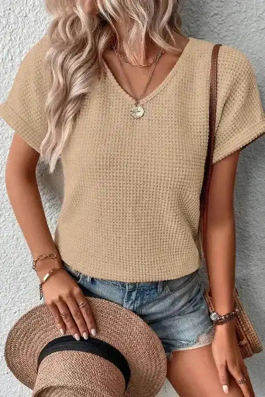 Oatmeal Tee - Textured Knit Button Back Cuffed Sleeve - Fashionfitz