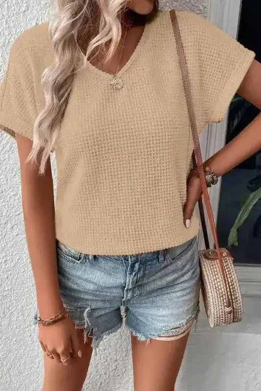 Oatmeal Tee - Textured Knit Button Back Cuffed Sleeve - Fashionfitz