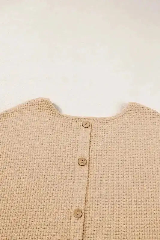 Oatmeal Tee - Textured Knit Button Back Cuffed Sleeve - Fashionfitz