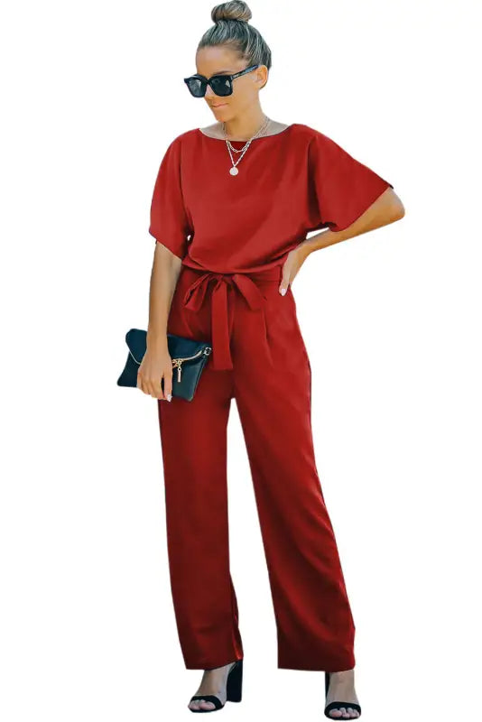 Oh-so-glam belted wide leg jumpsuit - jumpsuits