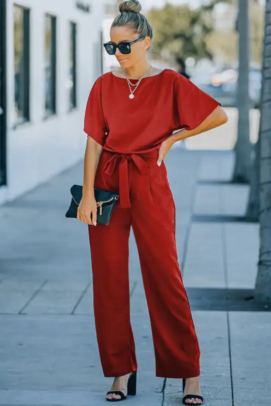 Oh-so-glam belted wide leg jumpsuit - jumpsuits