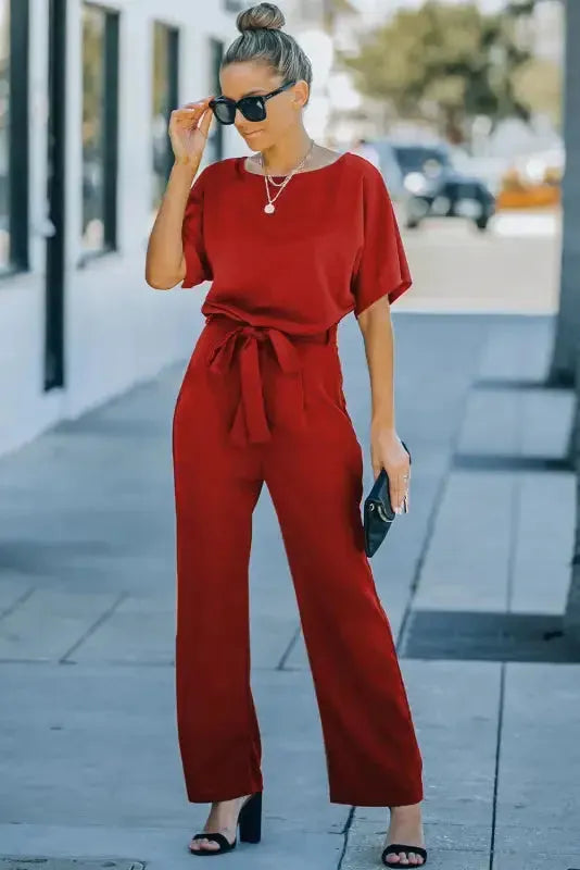 Oh-So-Glam Belted Wide Leg Jumpsuit - Fashionfitz
