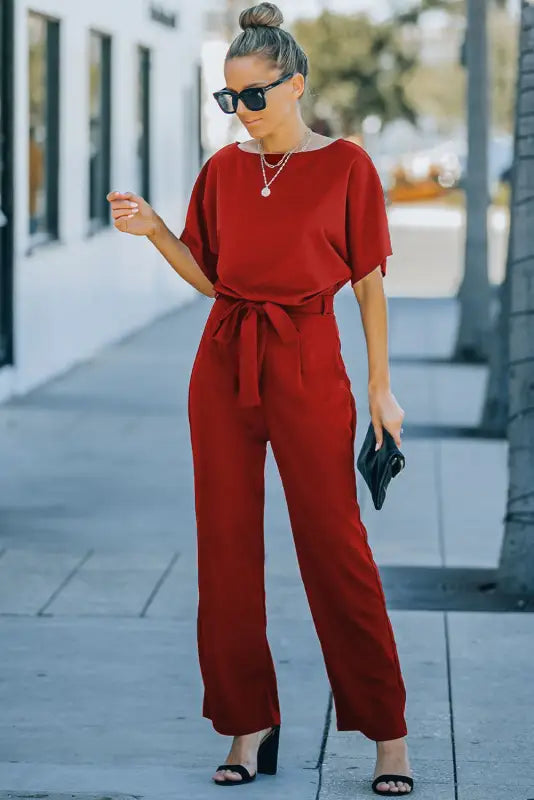 Oh-so-glam belted wide leg jumpsuit - jumpsuits