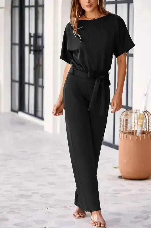 Oh-So-Glam Belted Wide Leg Jumpsuit - Fashionfitz