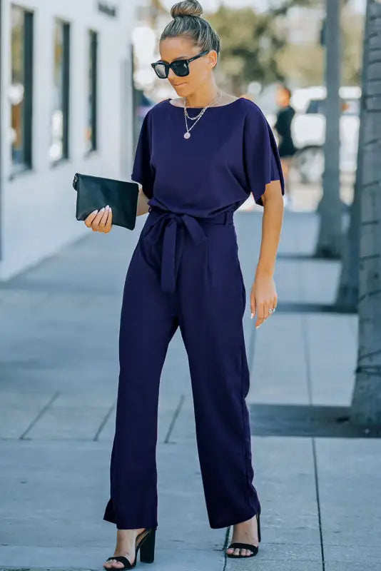 Oh-so-glam belted wide leg jumpsuit - jumpsuits