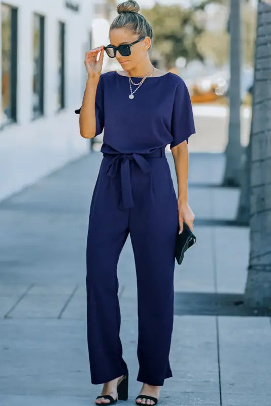 Oh-so-glam belted wide leg jumpsuit - jumpsuits