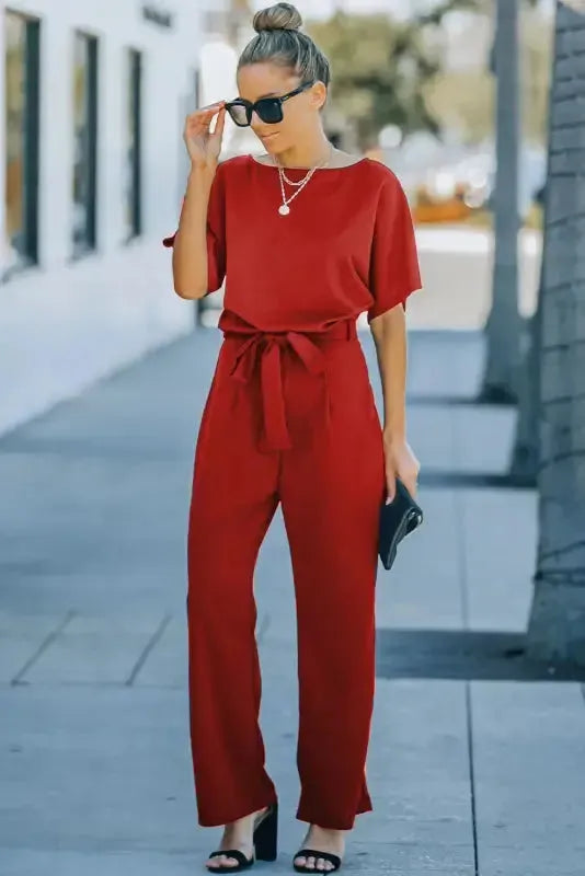 Oh-So-Glam Belted Wide Leg Jumpsuit - Fashionfitz