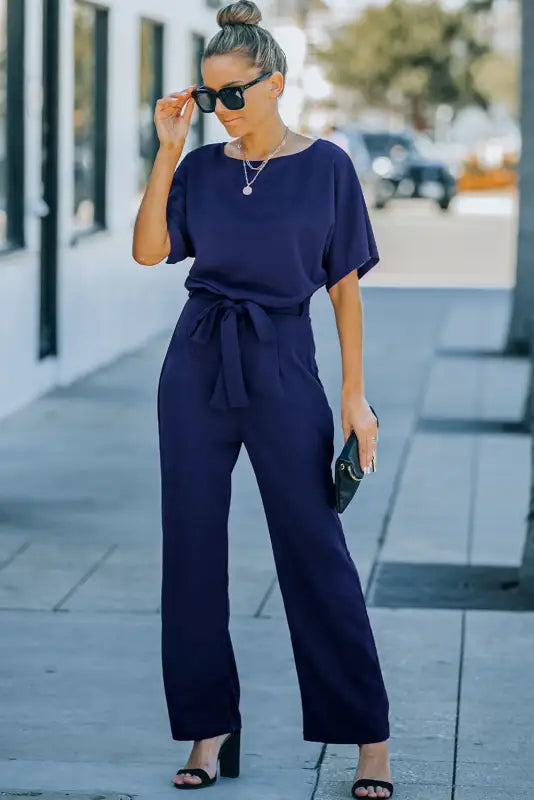 Oh-so-glam belted wide leg jumpsuit - jumpsuits