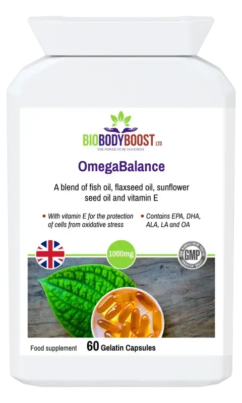 OmegaBalance Omega 3 6 9 Oil Blend — balanced essential fatty acids for brain, heart and joint health, vegan formula, BioBodyBoost UK