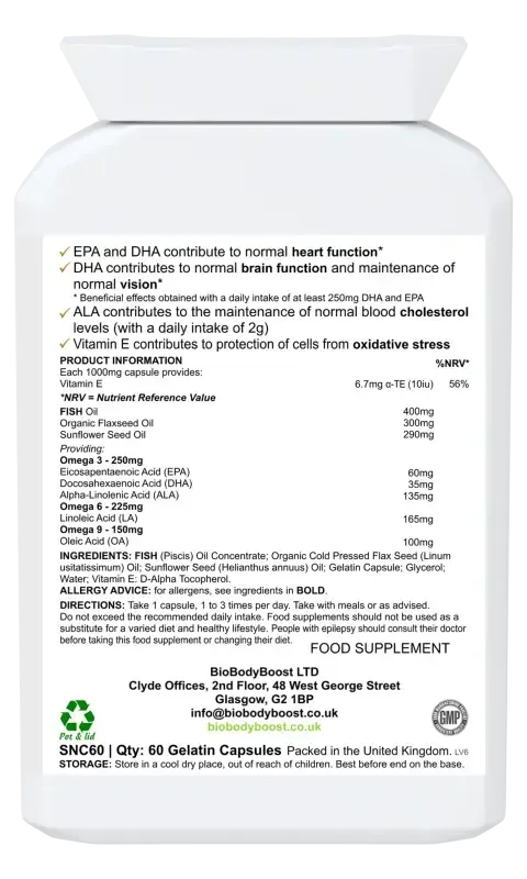Back label of OmegaBalance showing omega 3, 6 and 9 fatty acid blend with dosage guide and vegan certification